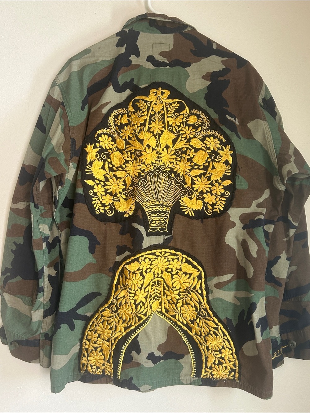 Upcycled army military camouflage boho gypsy jacket w/ gold embroidered patches
